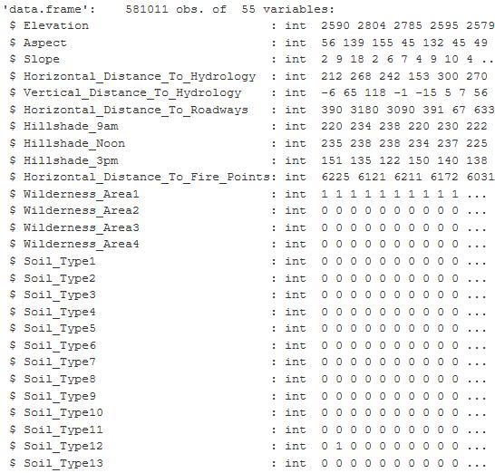 The table is from an RStudio summary of the variables contained in the Cover Type dataset and shows the first 27 columns of 55. The values are integer and binary.