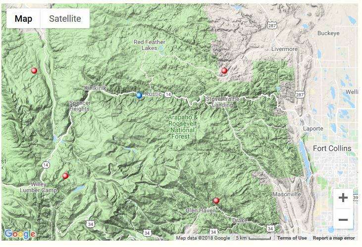 The figure shows the terrain map of the location in Colorado, where the data originates. The red dots are the general location of the four wilderness areas within the Roosevelt National Forest. Image Source: https://www.google.com/maps/@40.7468344,-105.6422844,11z