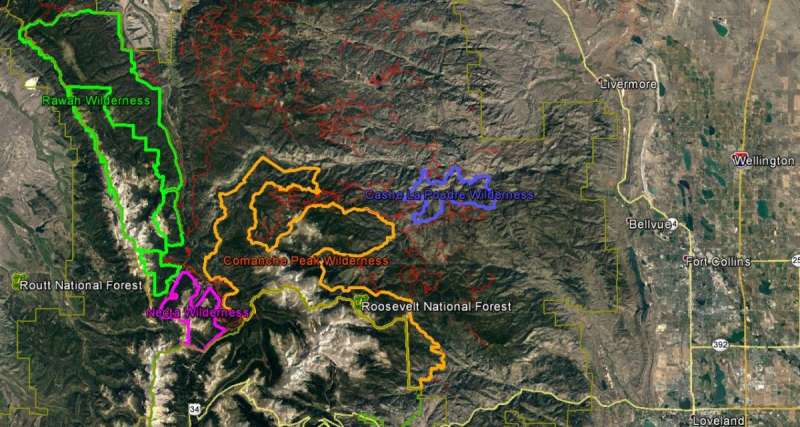 The aerial image is from Google Earth and the colored outlines are shape files that outline the boundary of the four wilderness areas. The red lines are the forest service roads. Image Source: Google Earth Pro, Imagery data 09/07/2016